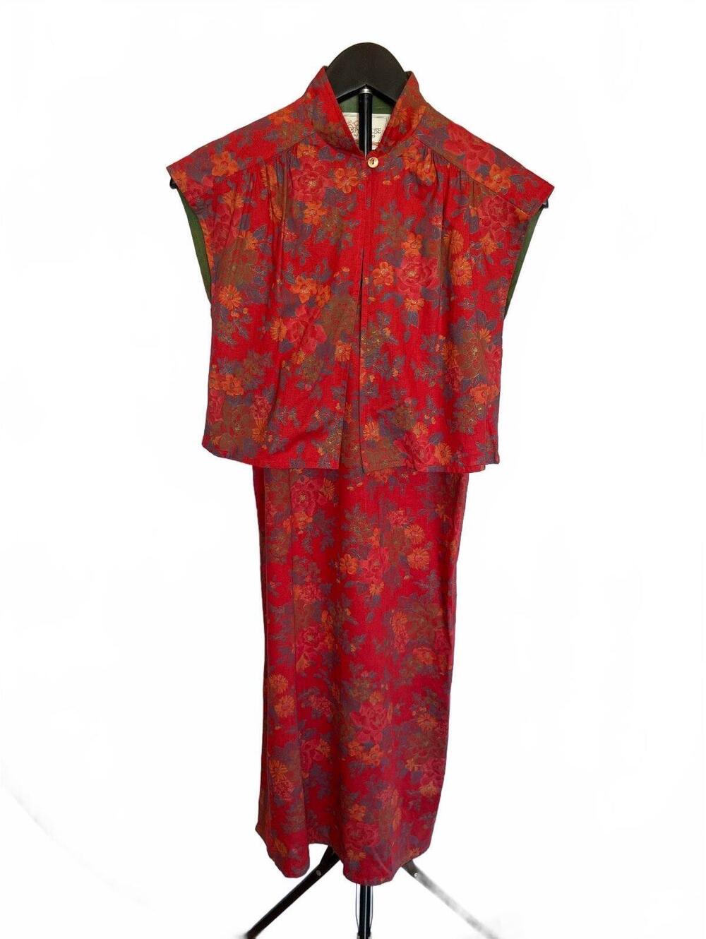 Vintage 70s Liberty House Sun Babies Hawaii Red Floral Midi Dress Set XS Boho
